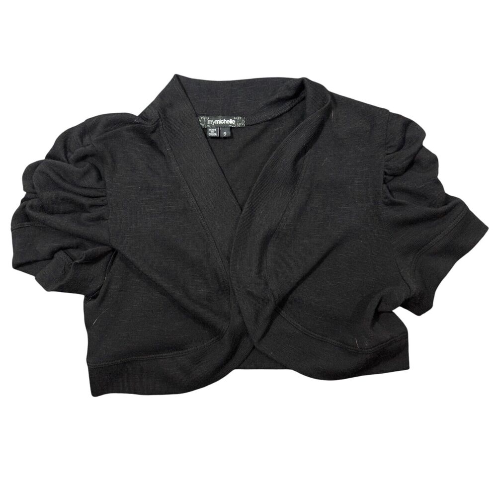 Michelle Sweater Top Women's 9 Black Knitted Pleated Sleeve Open Front Cardigan